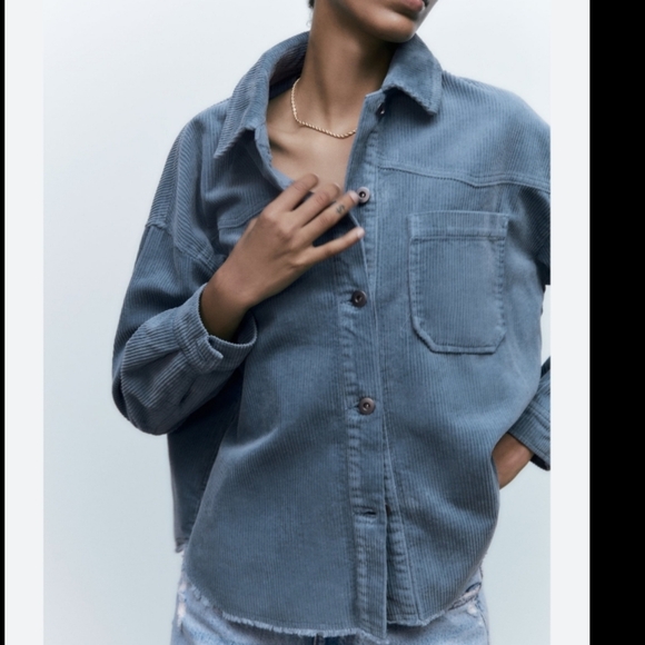 Zara Corduroy Oversized Button Frayed Hem Long  Sleeve Shirt - Picture 3 of 8